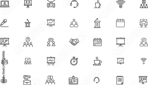 Conference line icons set. meeting, presentation, discussion. editable stroke. vector illustration