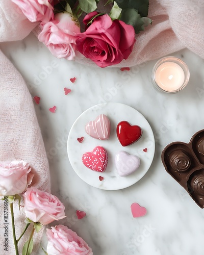 Sweet gourmet heart chocolates and pink roses romantic celebration flat lay