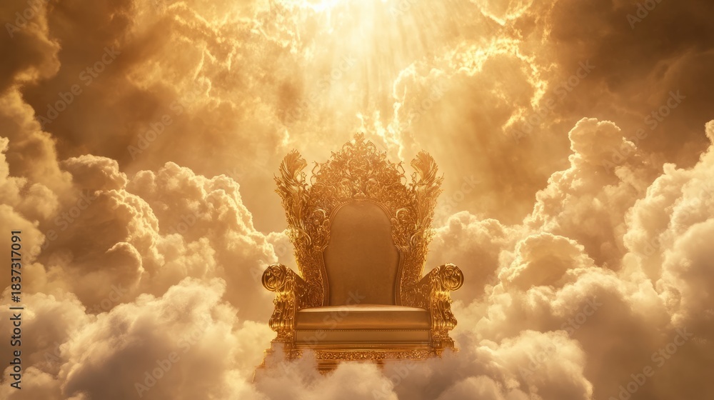 Obraz premium Seat or golden throne is in heaven in the middle of a cloudy landscape