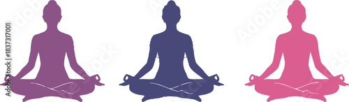 Three gradient female silhouettes meditating in lotus pose with radiating auras, symbolizing spiritual harmony, mental peace, and serene well-being.