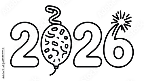 Year 2026 Celebration: A captivating visual with the numbers 2026, enhanced with a festive balloon, and a sparkling firework, symbolizing a joyous start to the future.
