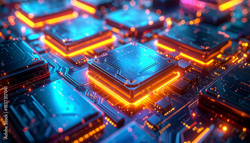 Close-up view of a futuristic circuit board with glowing blue and orange processors.