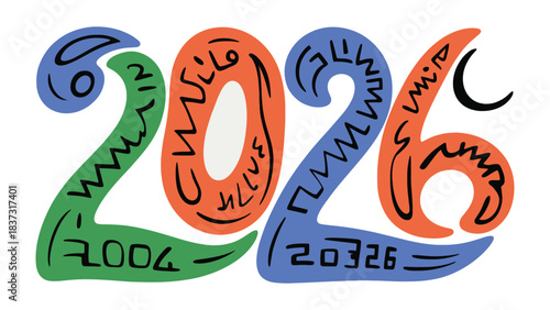 Artistic Typography: A vibrant, abstract design spells out the year 2026 in a creative font, showcasing a blend of colors and artistic flair.