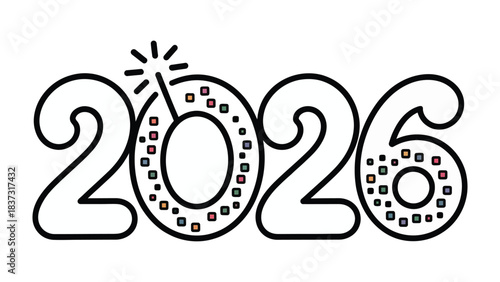 Celebrating the New Year 2026: The New Year's date is presented in an elegant and symbolic design, with an exploding firework integrated into the number to add a festive and celebratory atmosphere.