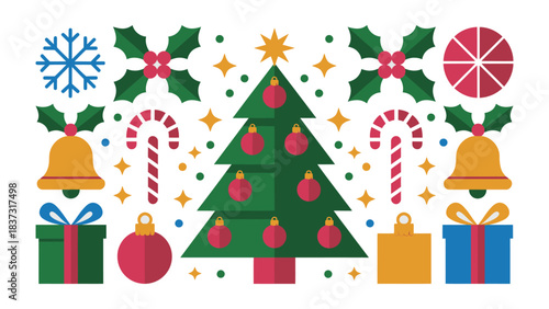 Festive Holiday Embellishments: Adorned with a vibrant collection of holiday ornaments. Showcasing the enchantment of the season, from a glistening Christmas tree to playful candies and gift boxes.