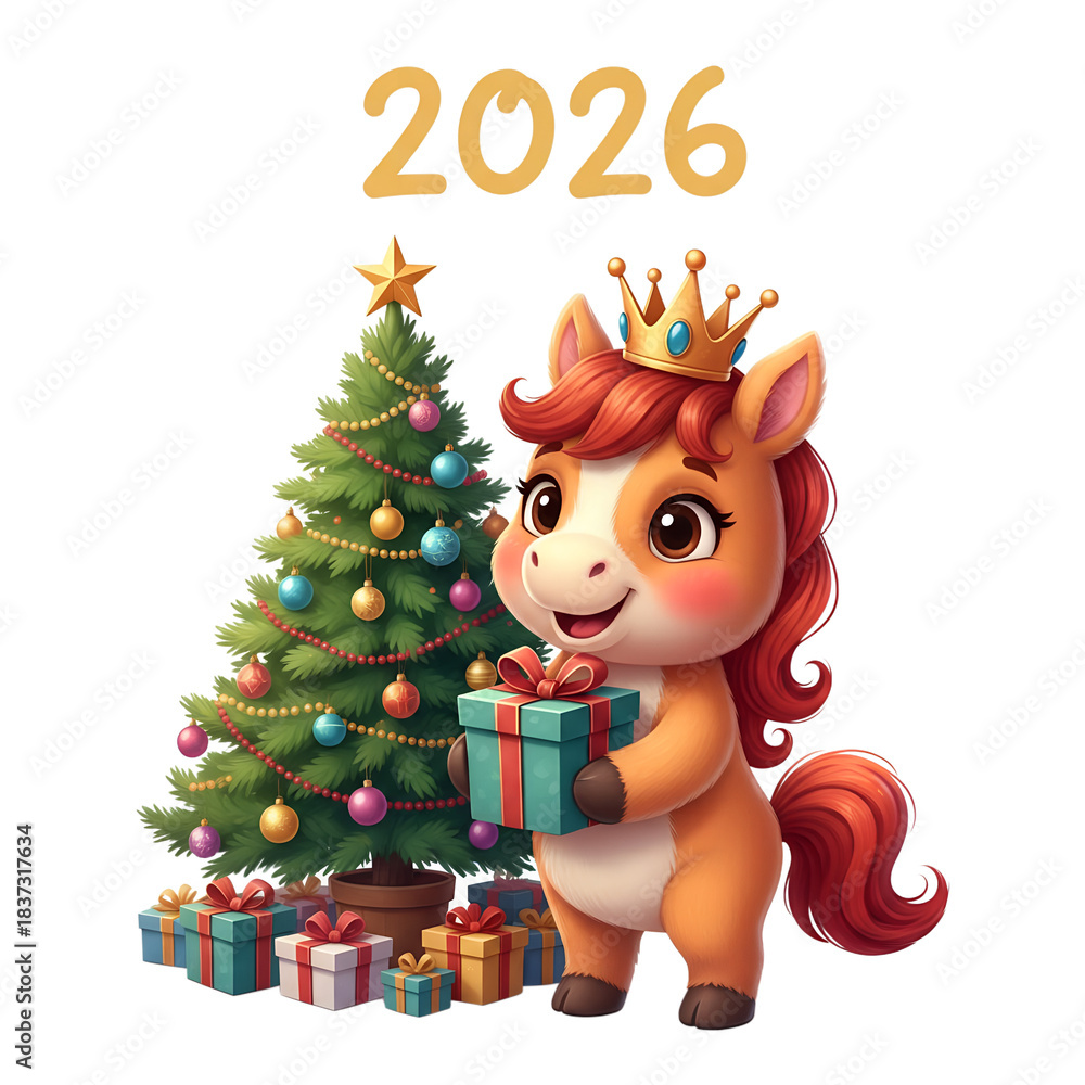 Naklejka premium A cute red horse character standing on its hind legs and holding a gift, next to a Christmas tree and gifts, with the inscription 2026 above it, isolated on a transparent background