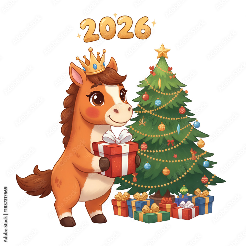 Naklejka premium A cute red horse character standing on its hind legs and holding a gift, next to a Christmas tree and gifts, with the inscription 2026 above it, isolated on a transparent background