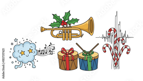 Festive Harmony: An array of delightful holiday-themed musical elements dances together, celebrating the joyful melodies of Christmas.