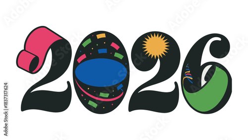 2026 Typography: A vibrant and creatively designed typographic composition that boldly presents the year 2026, infused with a playful color palette.