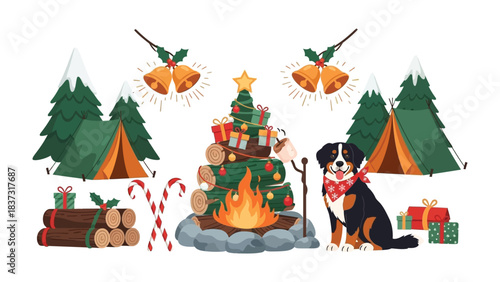 Christmas Campfire Scene: A heartwarming scene unfolds around a crackling campfire, with a decorated Christmas tree at the center. Cozy tents, snowy mountains.
