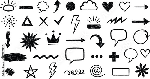 Various hand-drawn, crayon, and charcoal-style doodles 