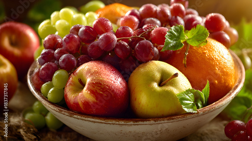 Rustic bowl filled with assorted fruits