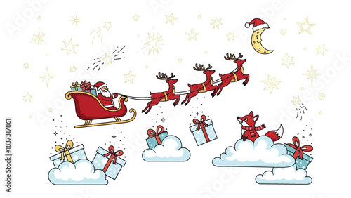 Christmas Eve Adventure: A festive illustration depicts a magical Christmas scene. Santa Claus rides his sleigh, guided by reindeer, soaring through the starlit sky. Gift-laden clouds float below.