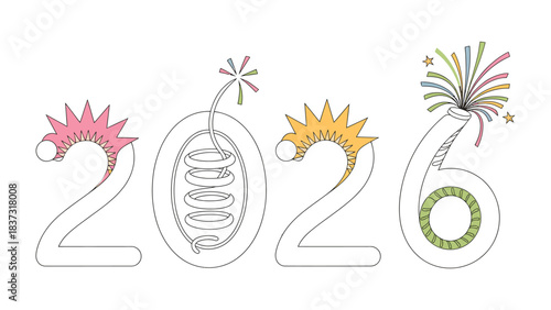 New Year's Eve 2026 Celebration: A vibrant and festive illustration of the number 2026, creatively designed with explosive fireworks and a playful, celebratory theme.