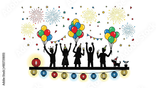 Celebration Silhouette: A festive celebration is in full swing, silhouetted against a backdrop of colorful fireworks, balloons, and lanterns, conveying joy and unity.