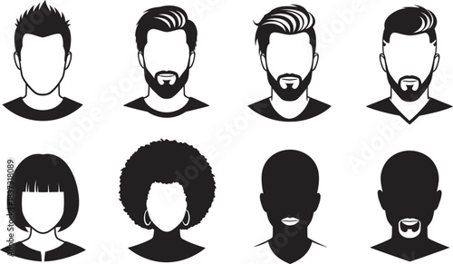 Diverse vector avatar icons set: male and female head silhouettes with varied hairstyles, beards, and modern user profile designs.