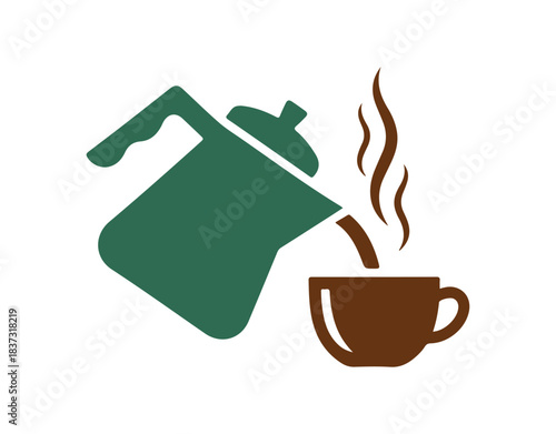 Coffee pot icon pouring. Vector illustration of a hot beverage. Symbol of a freshly brewed cup. Sign of a steaming espresso drink. Concept of morning energy aroma.

