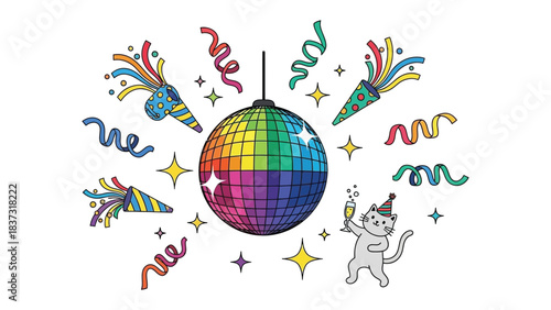Joyful Party Theme: Celebrate the night away with an illustration of disco ball, cat, party, and festive party supplies, setting the scene for a night of revelry and excitement.