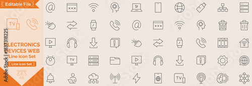 Devices set of web icons in line style. Electronic devices and gadgets icons for web and mobile app. Smart devices, technology, computer monitor, smartphone, tablet, laptop, drone. Vector illustration
