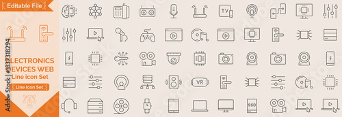 Devices set of web icons in line style. Electronic devices and gadgets icons for web and mobile app. Smart devices, technology, computer monitor, smartphone, tablet, laptop, drone. Vector illustration