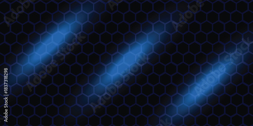 Dark blue abstract wide horizontal banner with hexagonal carbon fiber grid and glowing blue stripes. Technology vector background with blue neon stripes