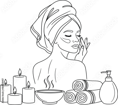Minimalist line art vector illustration of a woman doing a facial mask with spa elements like candles, towels, and lotion, representing beauty and self-care.