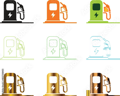 Electric vehicle charging station icons and graphics in multiple colors and styles, representing alternative energy and sustainable transport.