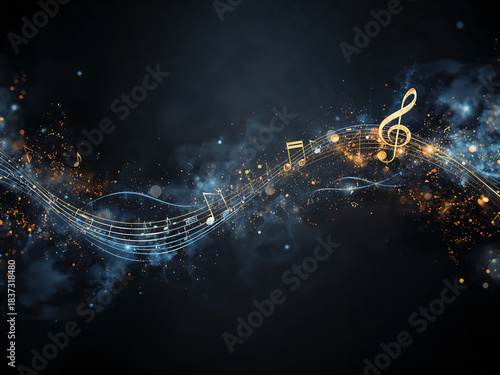 Abstract musical notes flow dynamically across a dark background. Warm orange and cool blue glowing lights form a wave of musical symbols and bokeh effects.