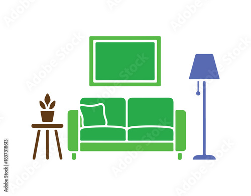 Glyph symbolizing the interior of an apartment. Living room furnishings. A snug home. Couch. A space for resting and relaxing. Communal dormitory setting. Isolated vector illustration.