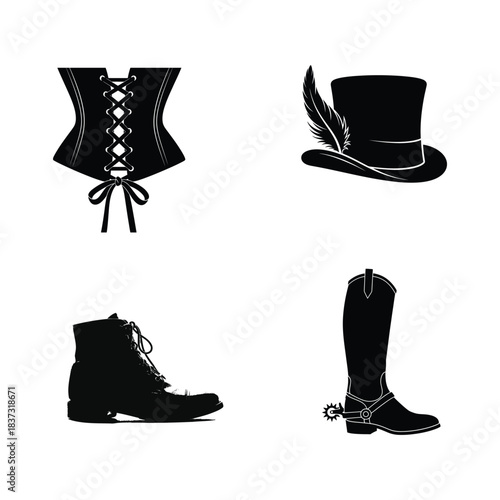 Silhouette Collection Of Victorian And Western Fashion Items On White Background Keywords: corset, top hat with