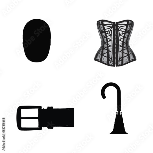Black Silhouette Fashion Accessories Including Corset Belt and Umbrella accessory