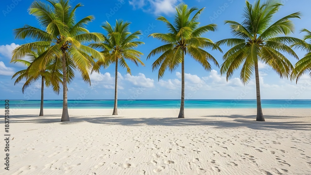 Obraz premium Idyllic, deserted island paradise featuring vibrant turquoise water and lush green palm trees in full sun.