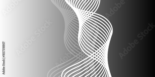 Abstract black and white wave lines on transparent background. Technology, data science, geometric border pattern. Modern wavy line pattern in monochrome colors. Light painting photography.