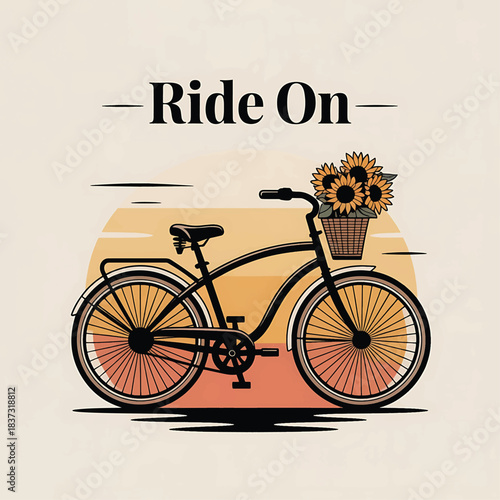 Vintage bicycle with sunflowers in front basket, sunset illustration