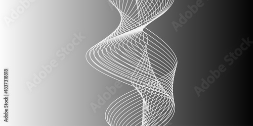 Abstract black and white wave lines on transparent background. Technology, data science, geometric border pattern. Modern wavy line pattern in monochrome colors. Light painting photography.