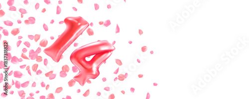 Pink rose petals confetti and red number 14 flying decoration Valentine's Day background, love festival, greeting card
