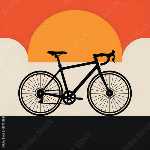 Minimalist bicycle silhouette with orange sunset sky illustration