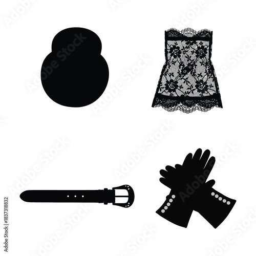 Black Silhouette Icons of Hair Bun, Dress, Belt, and Gloves Keywords: hair bun, dress, belt, gloves, fashion
