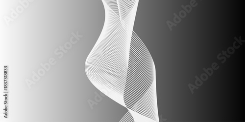 Abstract black and white wave lines on transparent background. Technology, data science, geometric border pattern. Modern wavy line pattern in monochrome colors. Light painting photography.