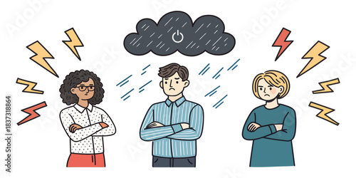 Three people in conflict with storm and lightning symbols