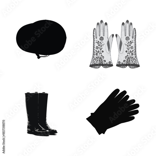Black and White Victorian Era Fashion Accessories Silhouettes on White Background