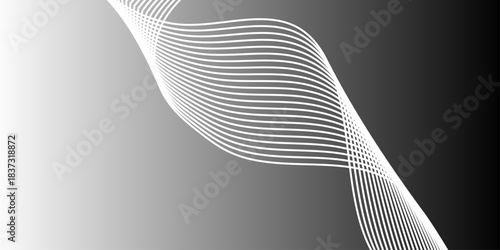 Abstract black and white wave lines on transparent background. Technology, data science, geometric border pattern. Modern wavy line pattern in monochrome colors. Light painting photography.