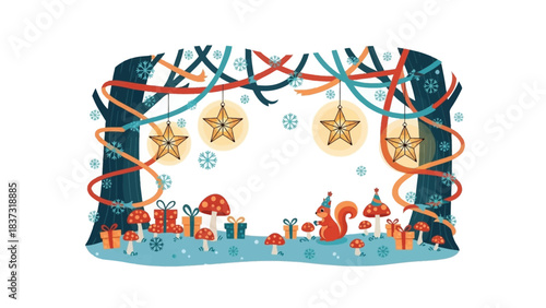 Whimsical Forest Celebration: Enchanting festive illustrations of whimsical forest creatures and seasonal decorations, ideal for evoking a warm atmosphere.