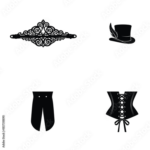 Black Victorian Era Costume Elements Silhouettes on White Background tiara crown