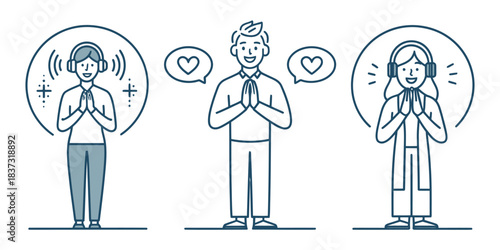 Three people with headphones and prayer hands in line art
