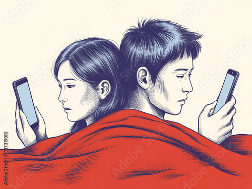 Couple ignoring each other in bed engrossed in their smartphones