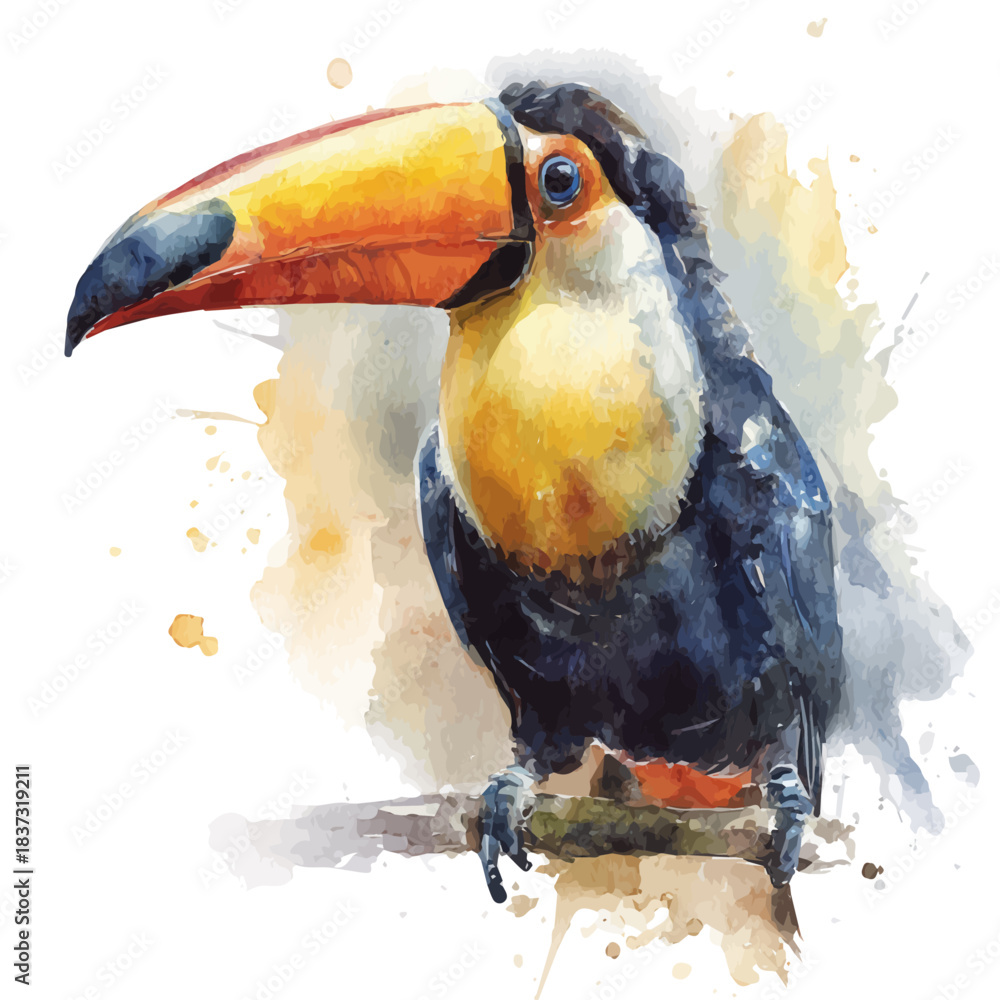 Obraz premium Watercolor-style vector illustration of Toucan, isolated on a clean white background.