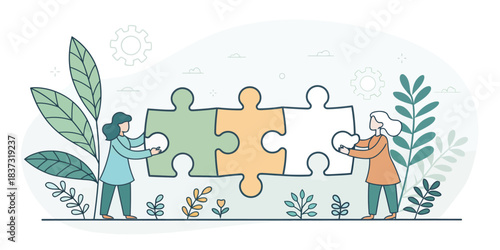 Two women connecting puzzle pieces with plants and gears