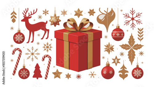 Festive Ornament Collection: A vibrant compilation of holiday decorations, featuring a central gift box, sparkling stars, reindeer silhouette, and various other seasonal ornaments.