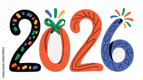 New Year 2026 Typography: A vibrant and celebratory illustration showcasing the year 2026 in a playful, eye-catching design, perfect for holiday greetings and festive content. 